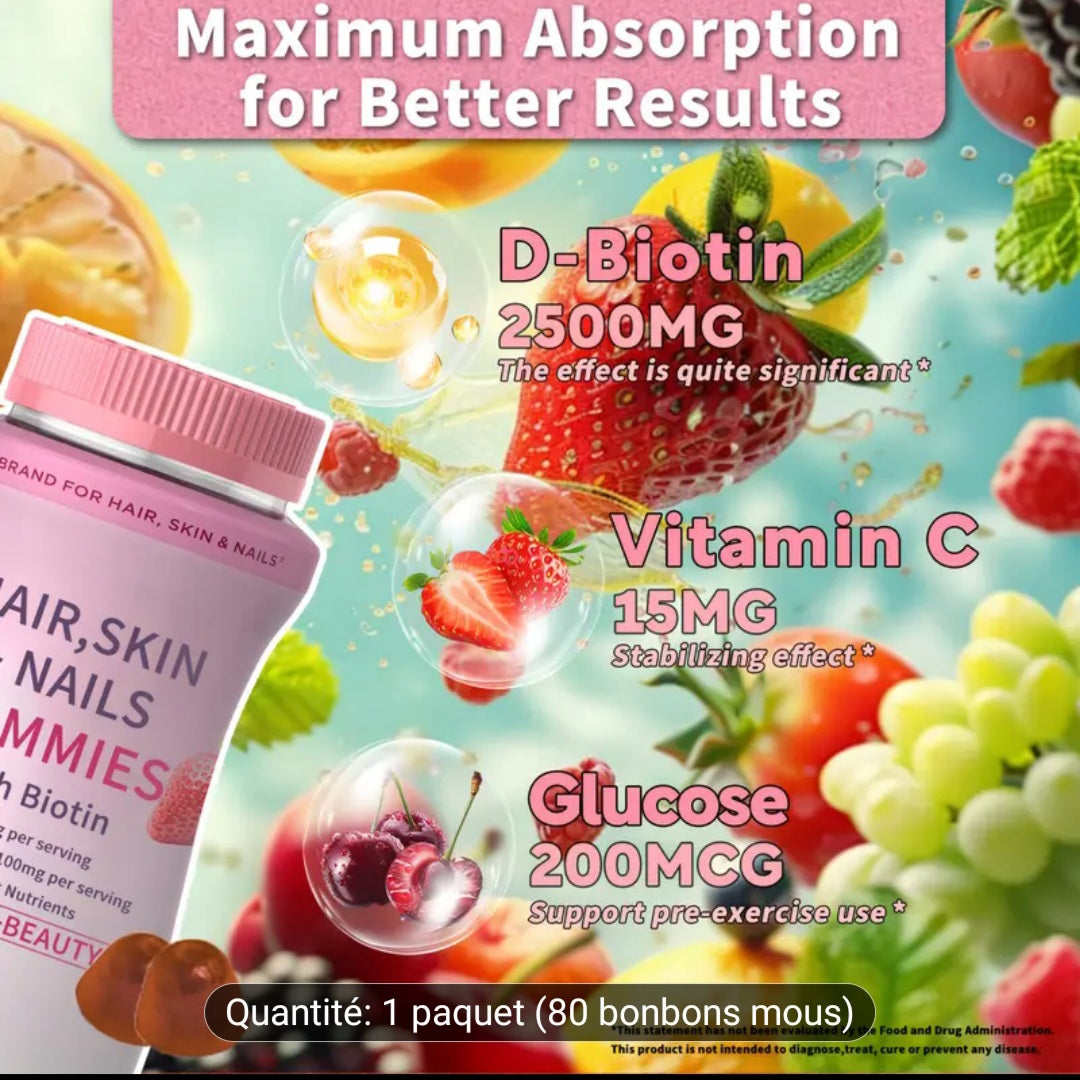 🎀
Gummies Cheveux, Peau & Ongles – Biotine & Collagène – Edelyna Beauty